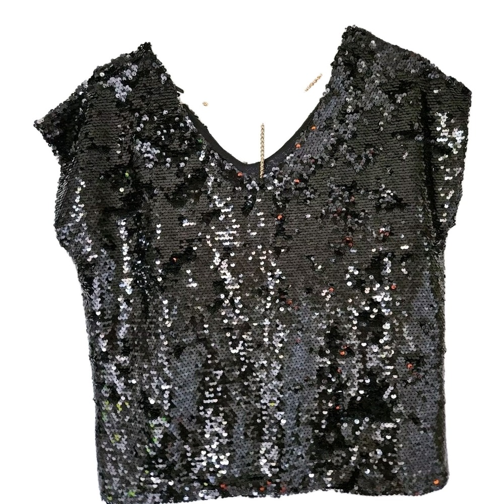 Gothic Glam Statement Lavish Sequin Top Women Sm Black V-Neck Chain Blouse NWT